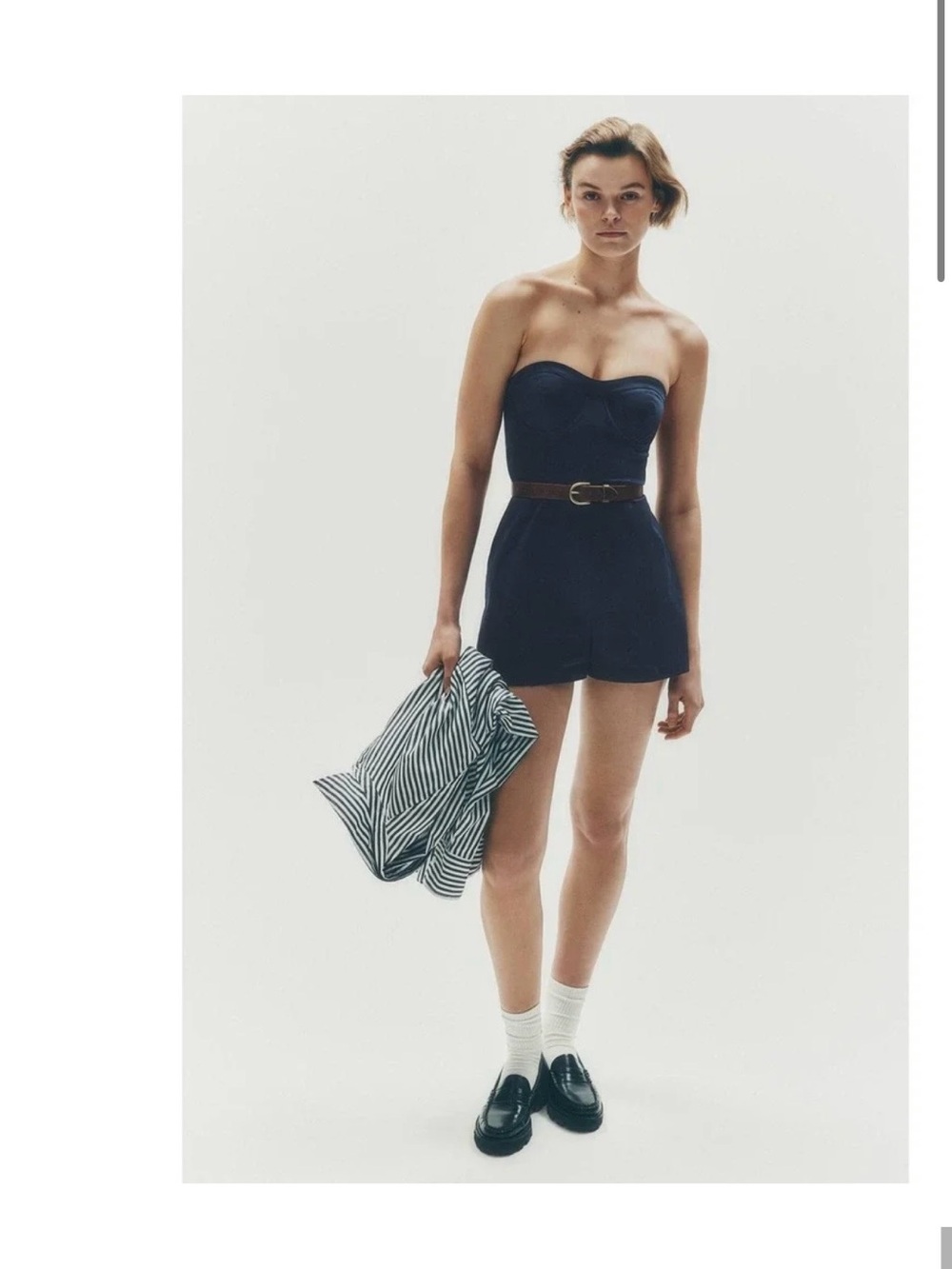 Maeve Navy Strapless Sweetheart Romper with Brown Belt